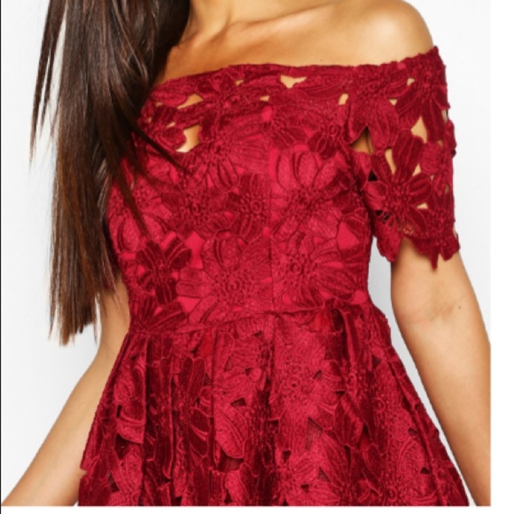 Burgundy midi lace off the shoulder dress